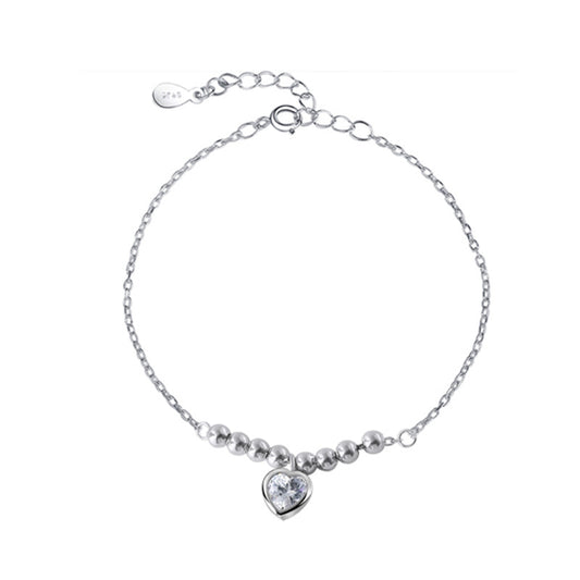 Single Heart-shape Zircon with Round Beads Silver Bracelet for Women
