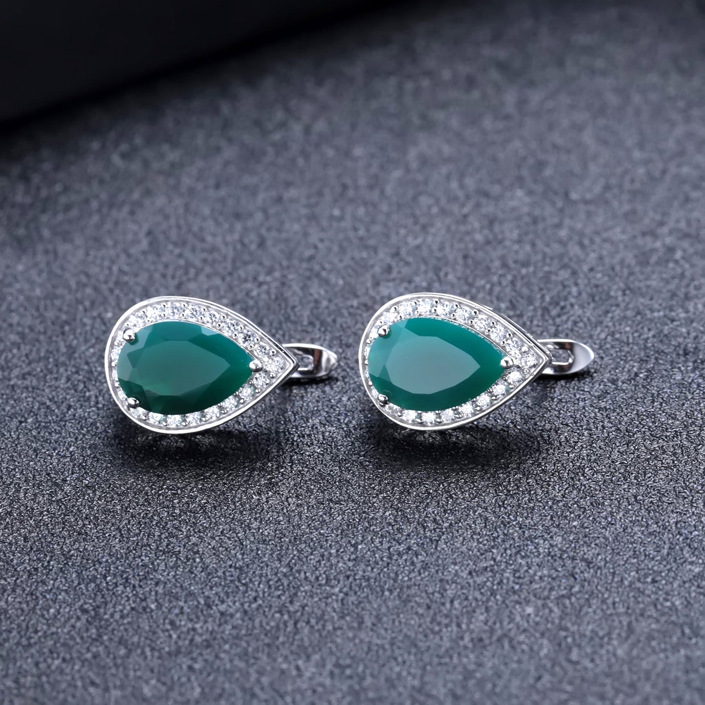 Natural Green Agate Soleste Halo Pear Drop Silver Studs Earrings for Women