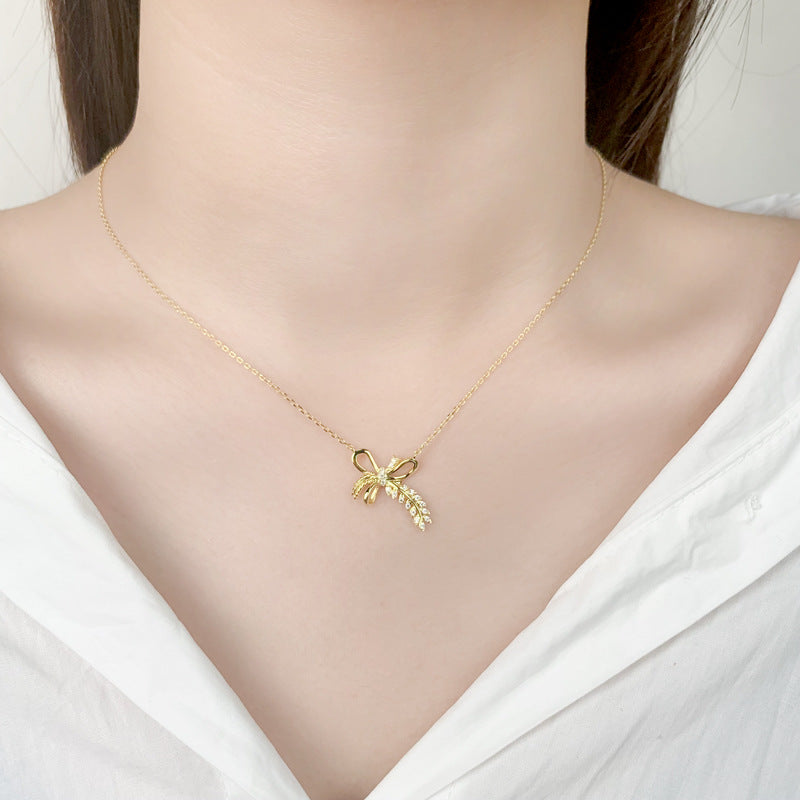 Wheat Bow with Zircon Silver Necklace for Women