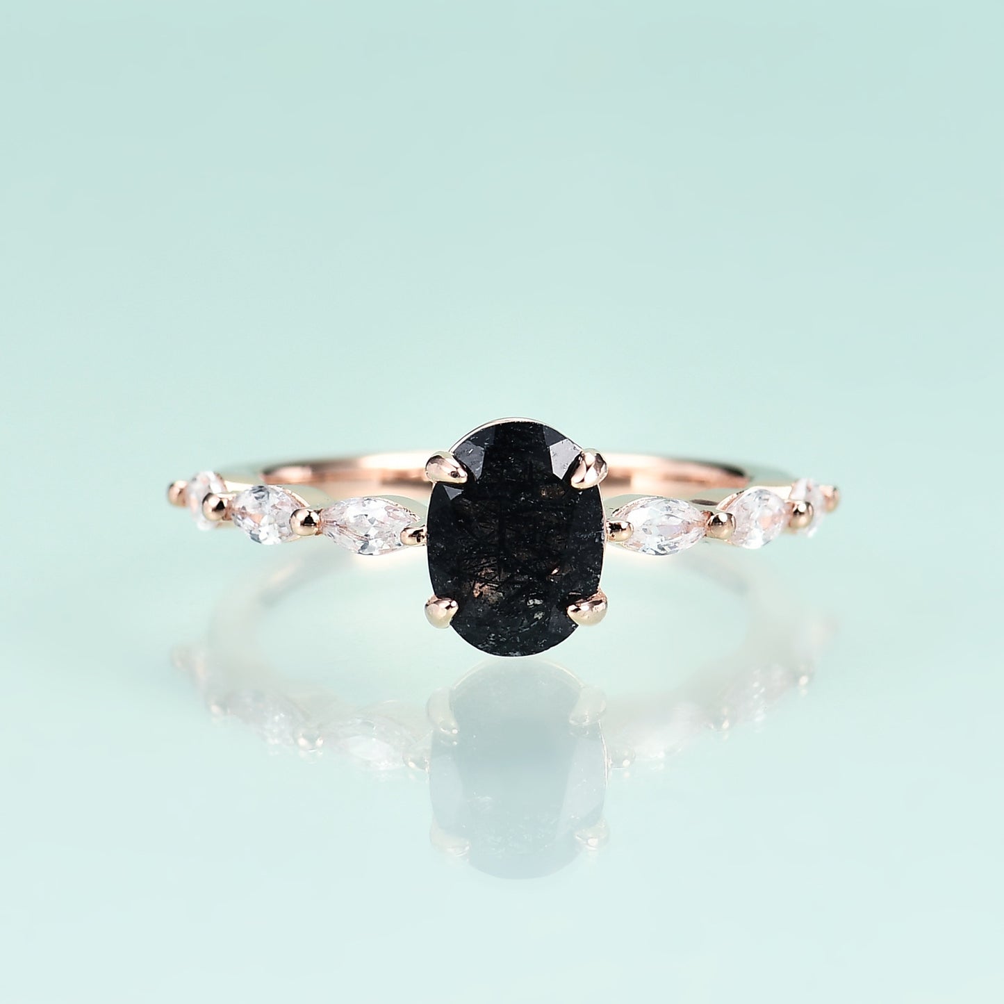 S925 Sterling Silver Inlaid Natural Black Crystal Ring with Rose Gold Colour for Women