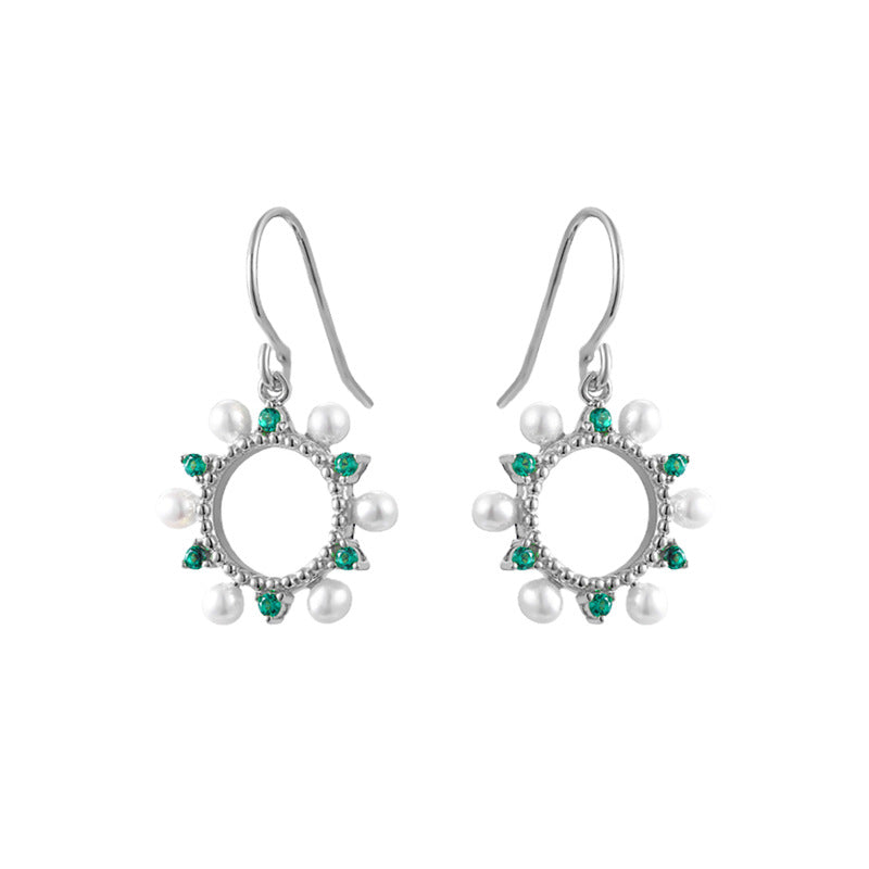 Hollow Circle with Green Zircon and Pearl Silver Drop Earrings for Women