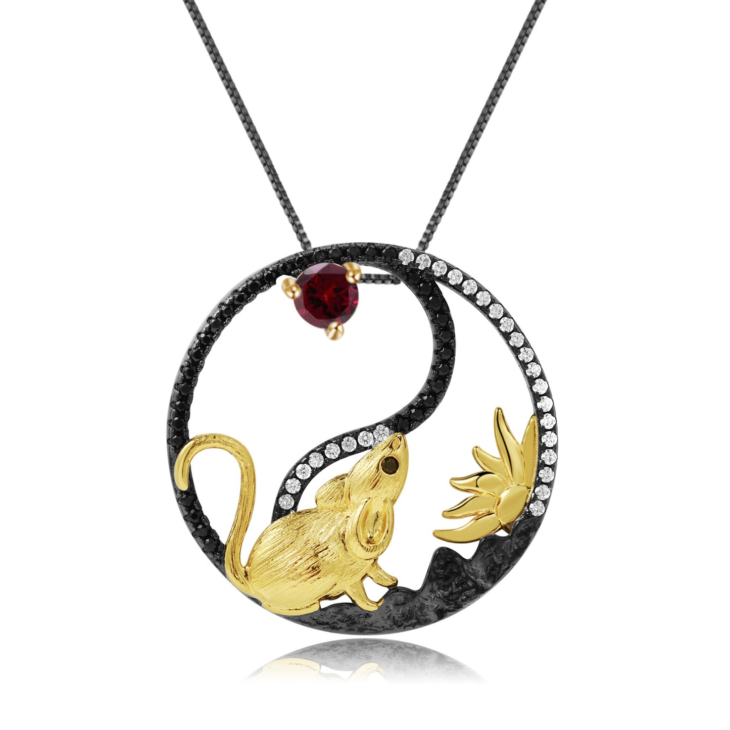 Chinese Style Element Design Zodiac Series Rat Natural Gemstone Pendant  Silver Necklace for Women