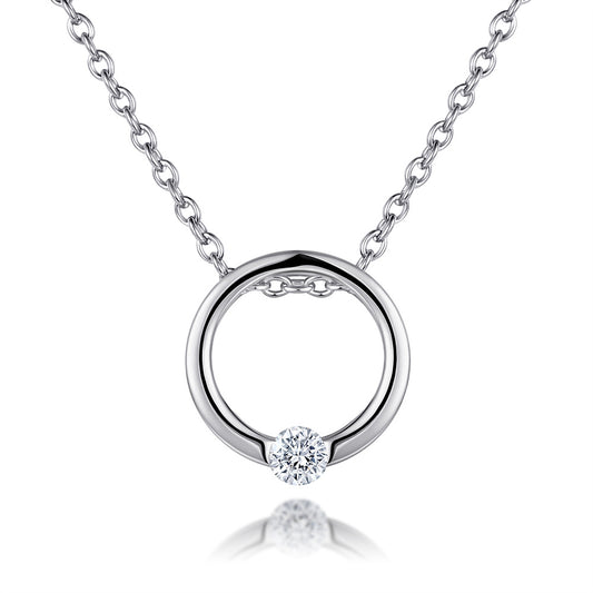 Round Zircon Hollow Circle Pendant Silver Necklace for Women