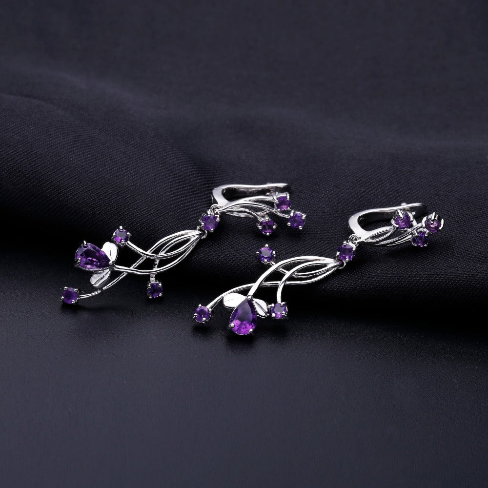 Natural Amethyst Flower Cluster Design Sterling Silver Drop Earrings for Women