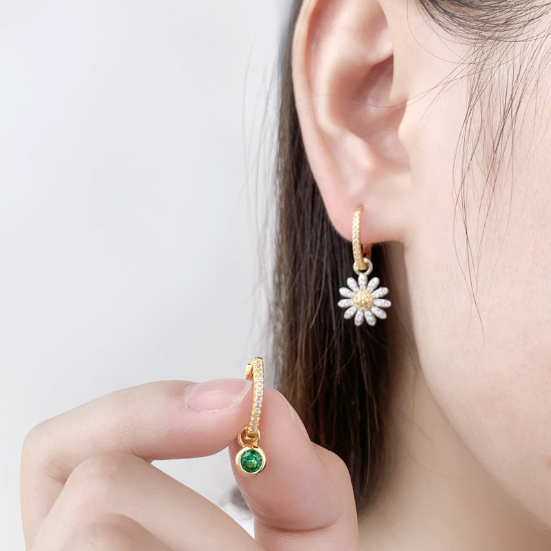 Zircon Flower Asymmetric Silver Hoop Earrings for Women