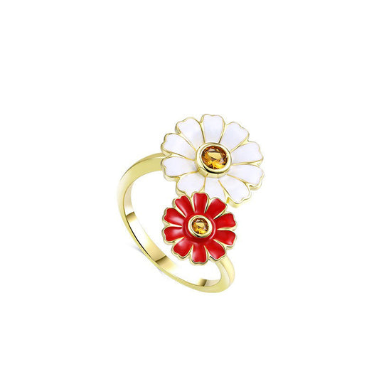 Double Daisy Flowers with Yellow Zircon Silver Ring for Women