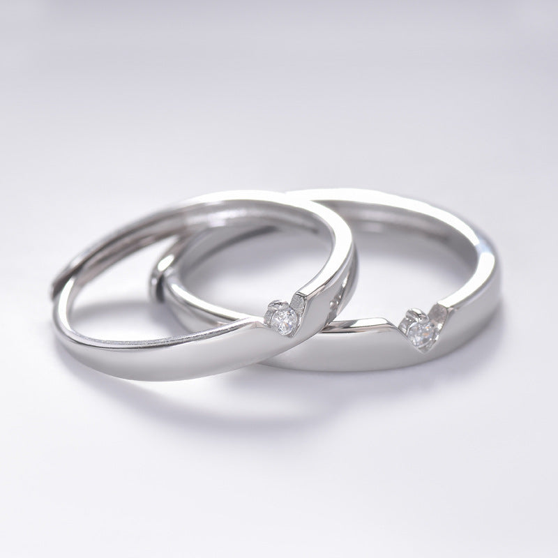 V-shape Round Zircon Silver Couple Ring