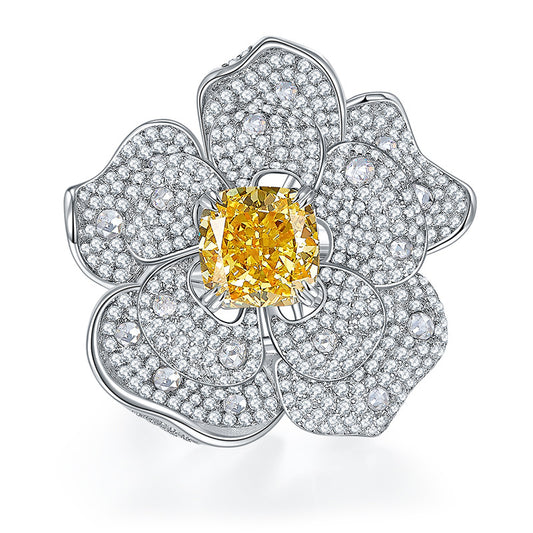 Yellow Zircon 10*10mm Square Ice Cut Luxurious Flower Silver Ring for Women