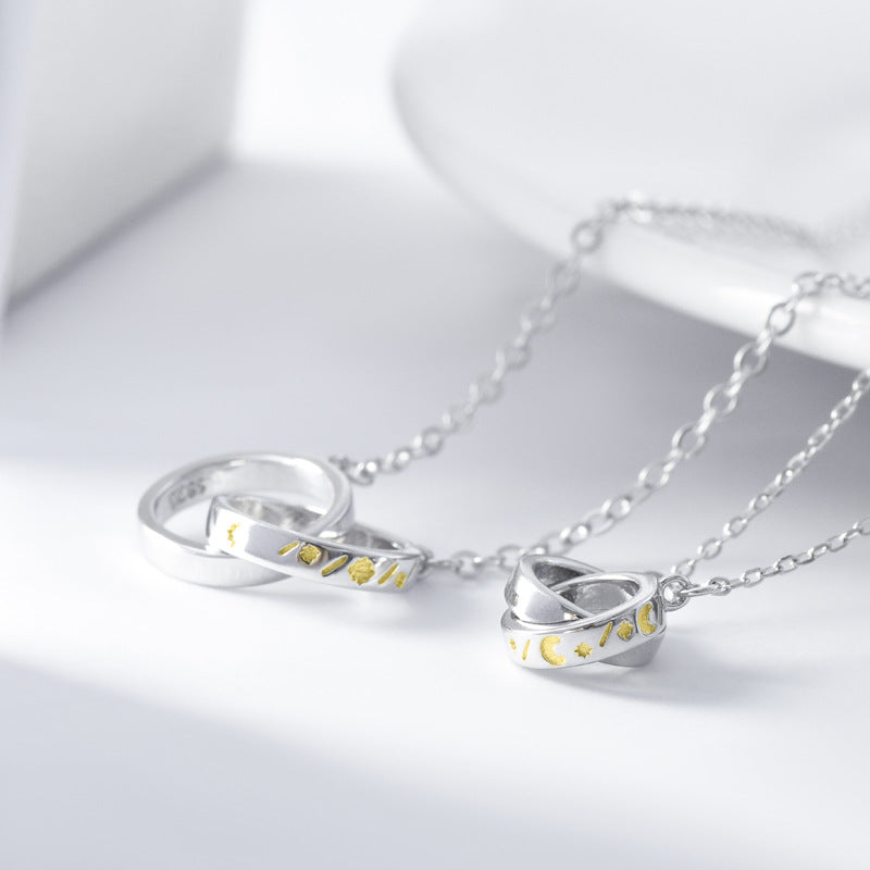 Double Circle Buckle Meteor Stars and Moon Silver Couple Necklace for Women