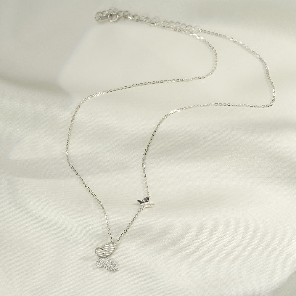(Two Colours) White Zircon Double Butterflies Pendants Silver Collarbone Necklace for Women