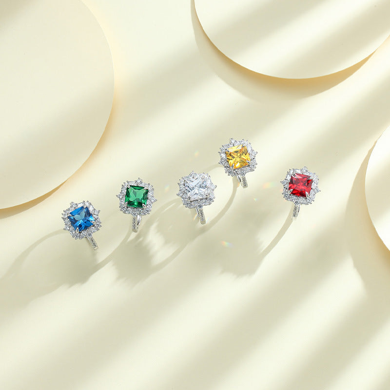 Colourful Princess Cut Zircon Soleste Halo Silver Ring for Women