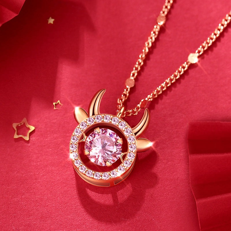 Cow with Round Pink Zircon Pendant Silver Necklace for Women
