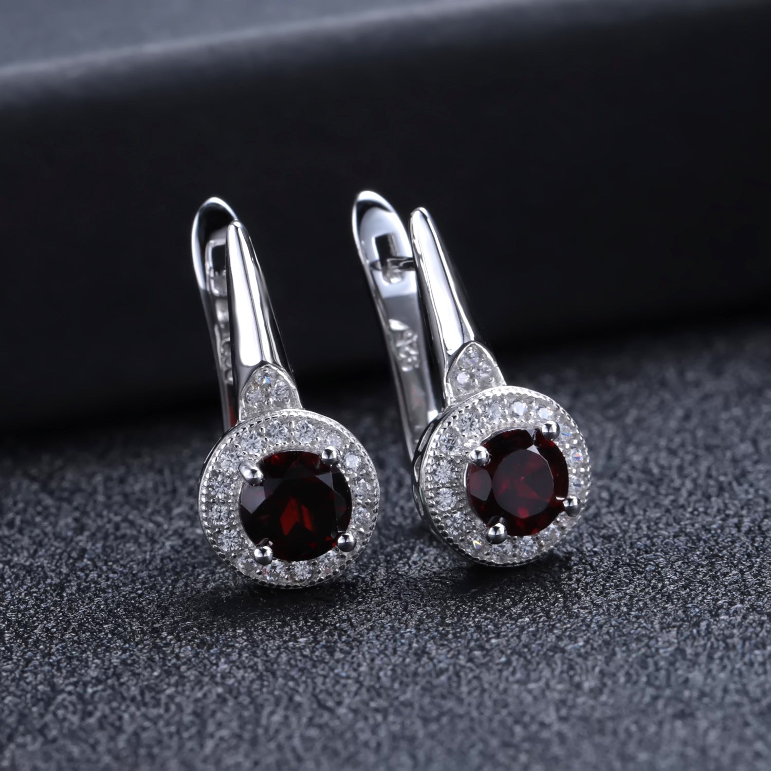 European Vintage Style Inaid Natural Garnet Soleste Halo Round Cut Silver Studs Earrings for Women