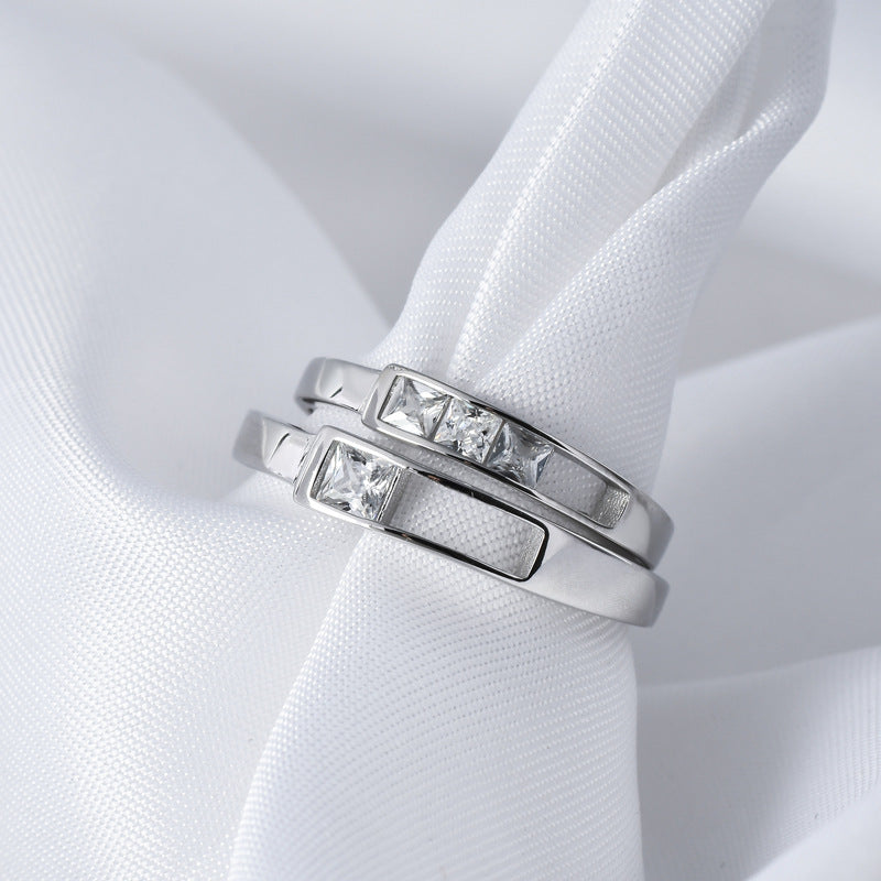 Hollow-out Rectangle with Square Zircon Silver Couple Ring for Women