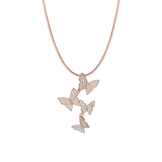 Four Zircon Butterflies Pendant Silver Necklaces for Women