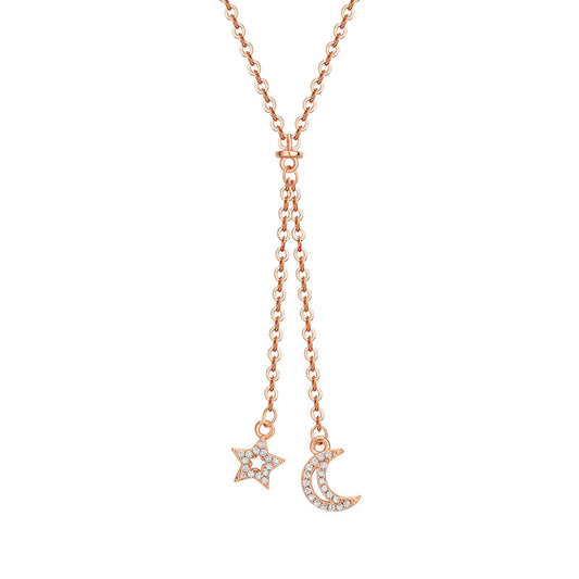 Tassel Zircon Star Moon Pendant Silver Necklace for Women