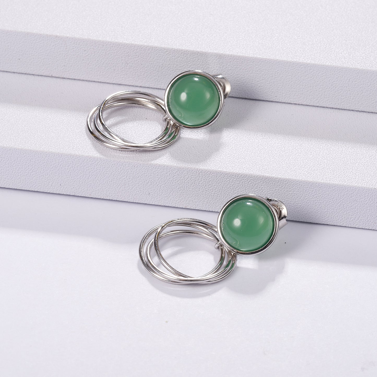 Green Agate Geometric Circle Silver Drop Earrings for Women