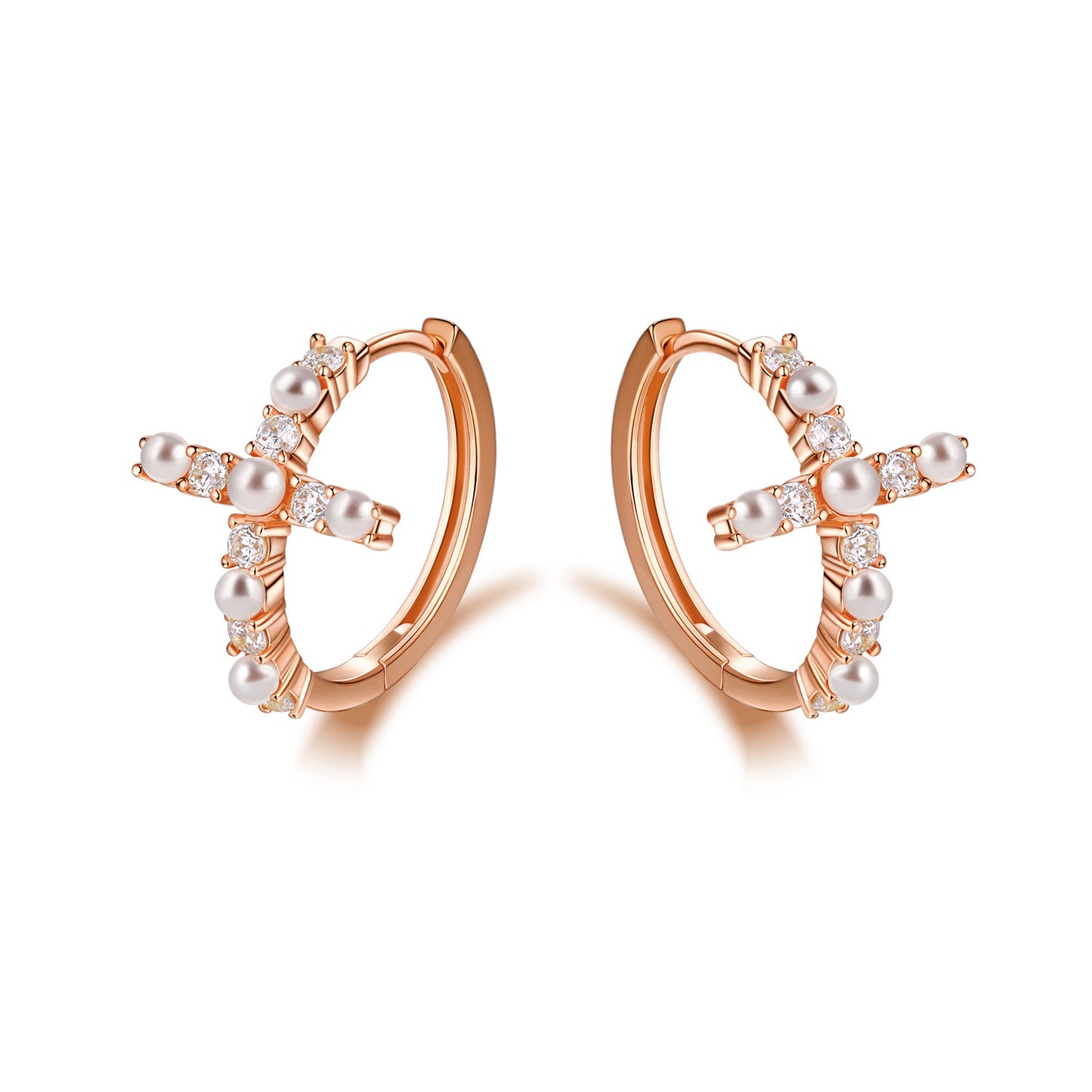 Zircon and Pearl Cross Silver Hoop Earrings for Women