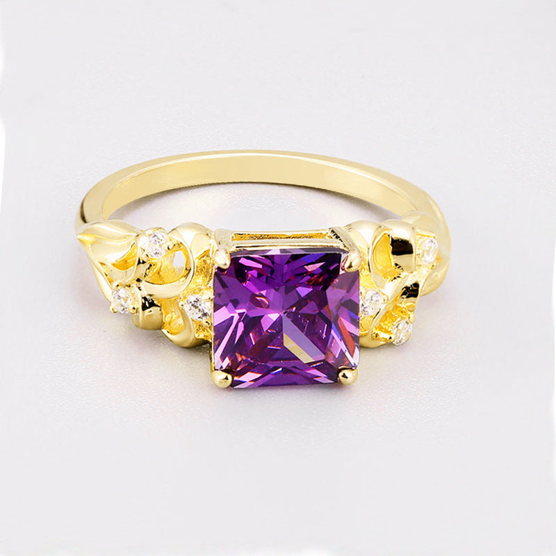 8*8mm Purple Princess Cut Zircon Cathedral Silver Ring for Women