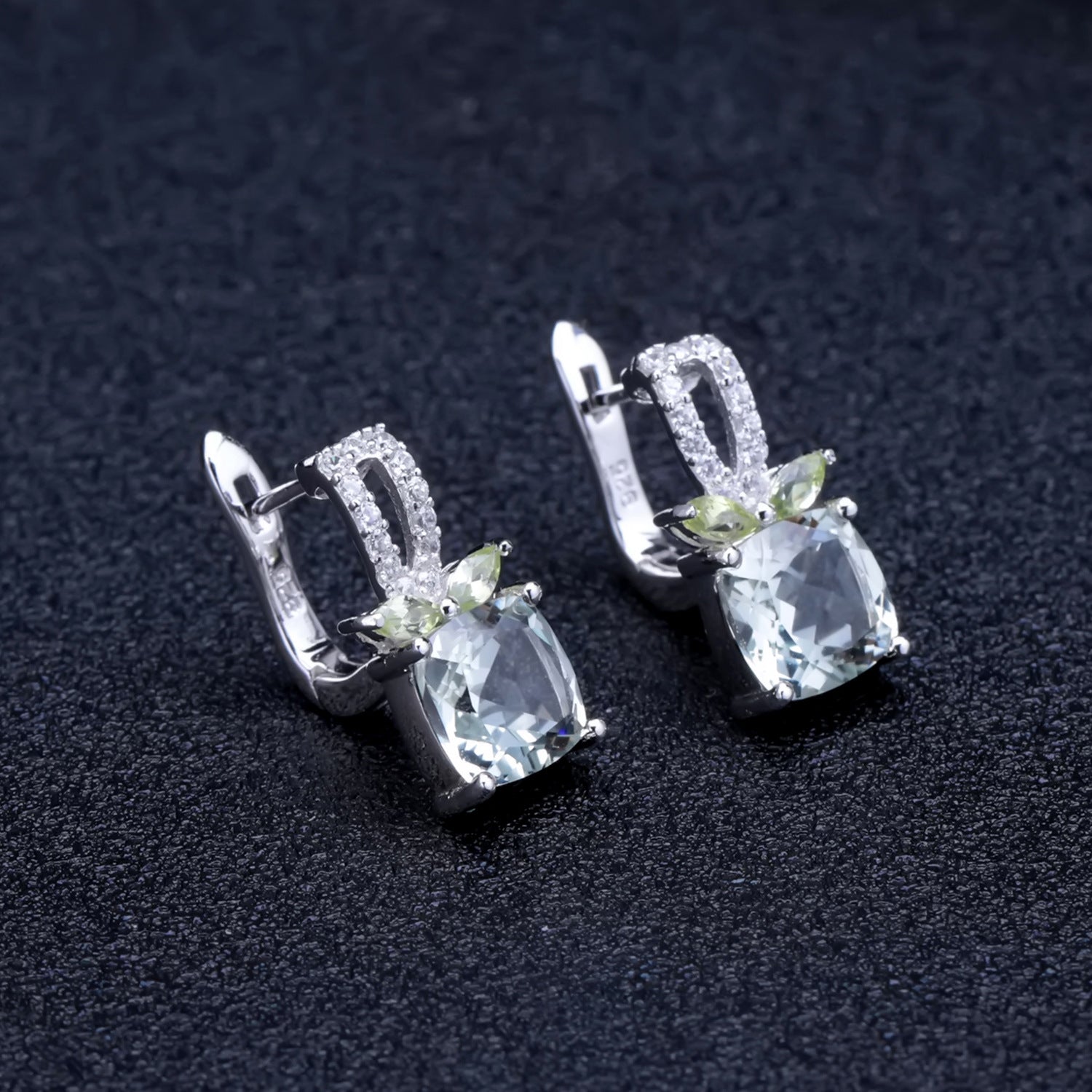 Fashion Luxurious Design Inlaid Natural Green Crystal Square Silver Studs Earrings for Women