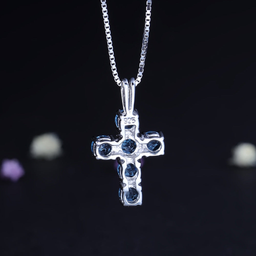European Luxury Fashion Style Inlaid Natural Topaz Cross Pendant Silver Necklace for Women
