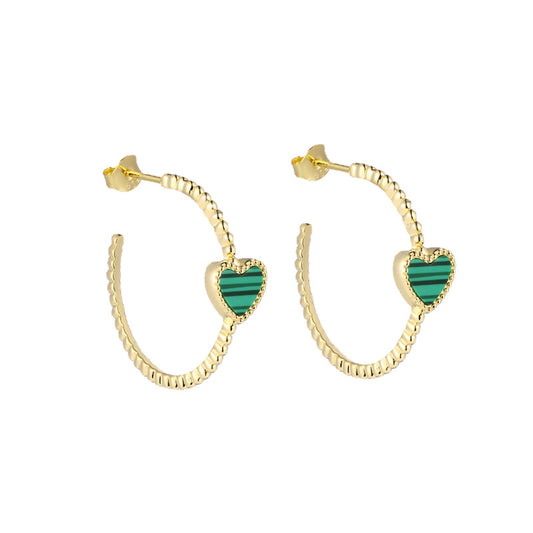 Malachite Heart C-shape Silver Studs Earrings for Women