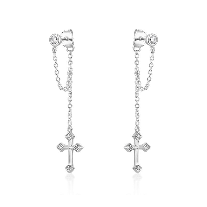 Tassel Cross with Zircon Silver Drop Earrings for Women