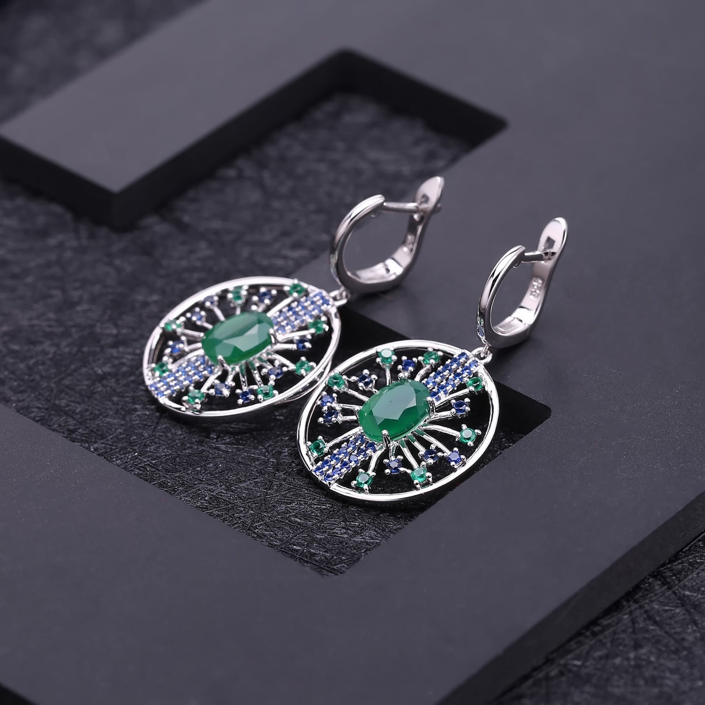 Luxury Fashion Design Inlaid Green Agate Circle Sterling Silver Drop Earrings for Women
