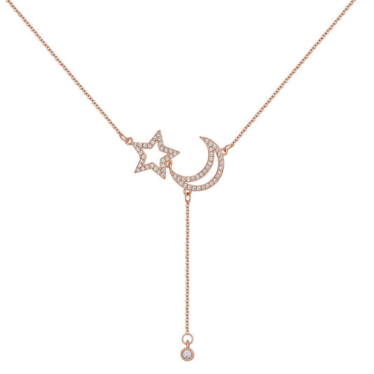 Zircon Hollow Moon and Star Tassel Silver Necklace for Women