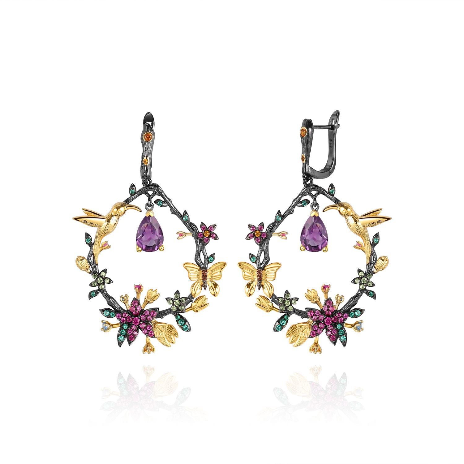 Colourful Gemstone Bird and Flower Design Silver Drop Earrings for Women