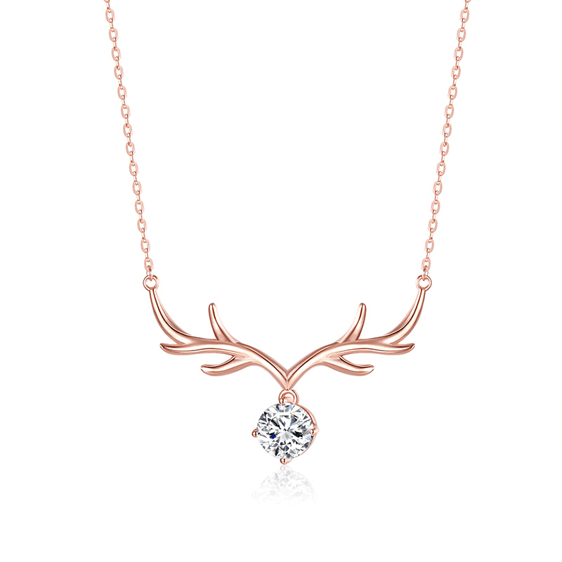 Round Zircon Elk Horn Pendant Silver Necklace for Women