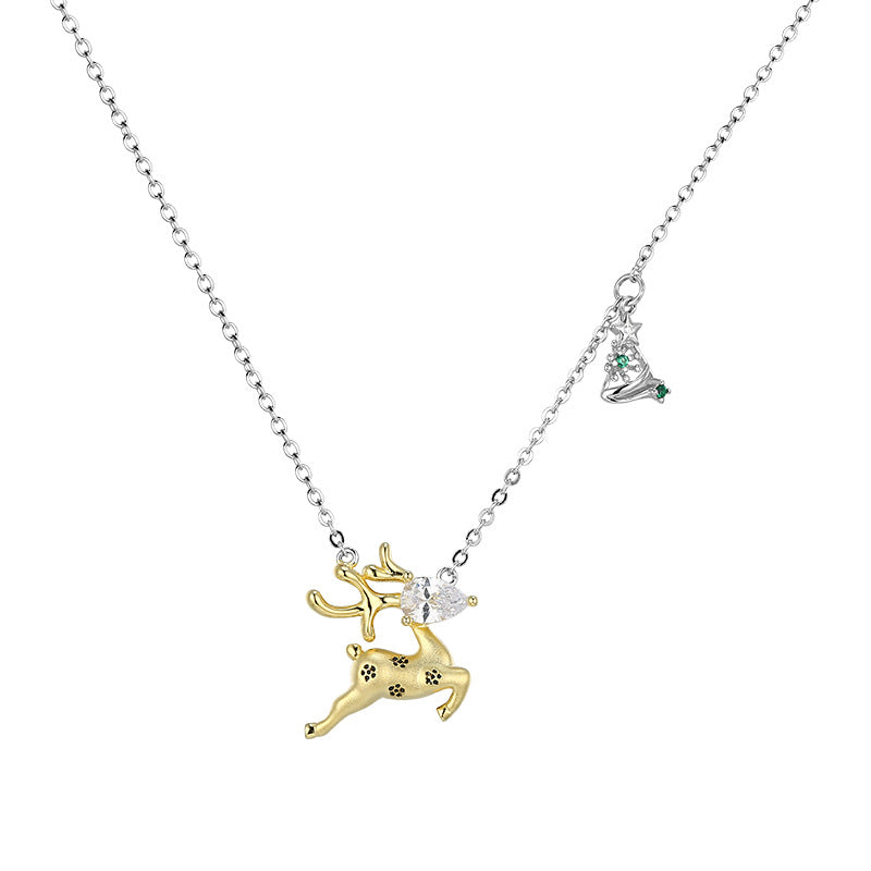 Sika Deer with Zircon Silver Necklace for Women