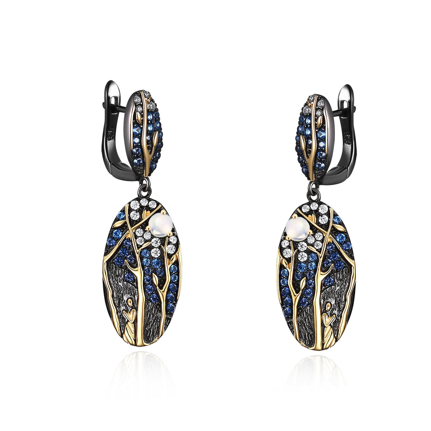 Italian Design Inlaid Colourful Gemstone Oval Shape with Tree Sterling Silver Drop Earrings for Women