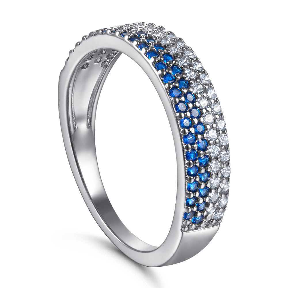 Half Circle Blue and White Zircon Silver Ring for Women