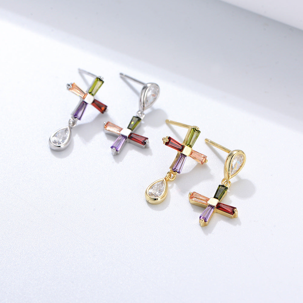 Water Drop Colourful Zircon Cross Asymmetric Silver Drop Earrings for Women