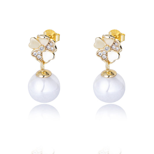 Ball Pearl with Zircon Flower Silver Drop Earrings for Women