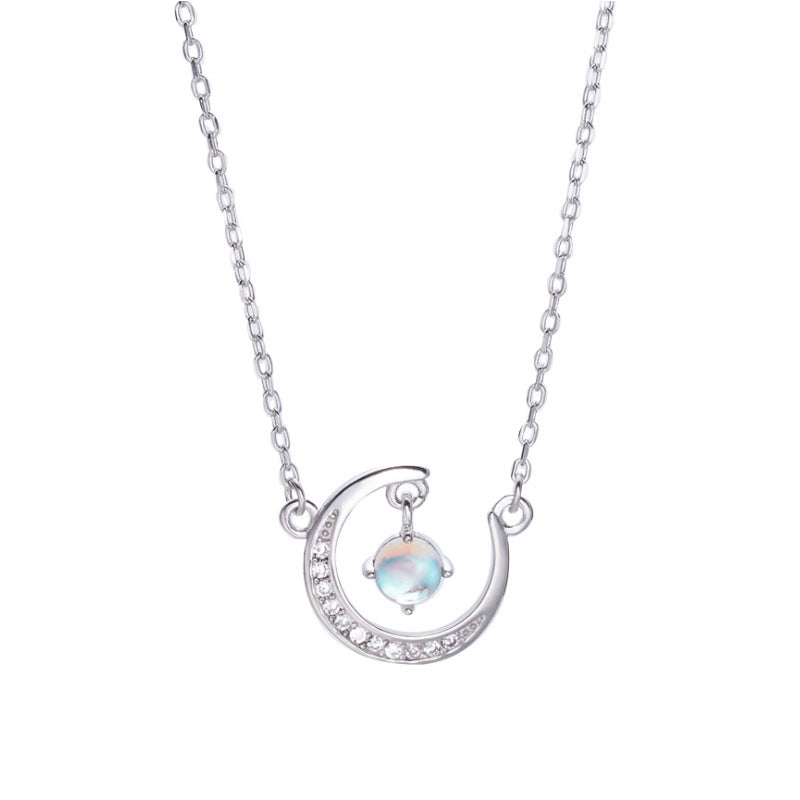 Zircon Moon with Moonlight Stone Silver Necklace for Women