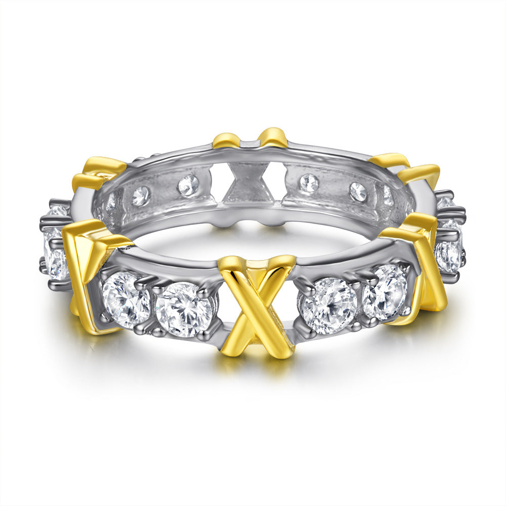 Golden X with Beading Round Zircon Silver Ring for Women
