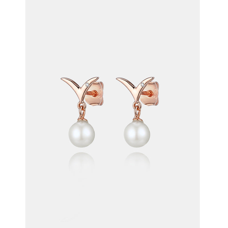 Letter V with Pearl Silver Drop Earrings for Women