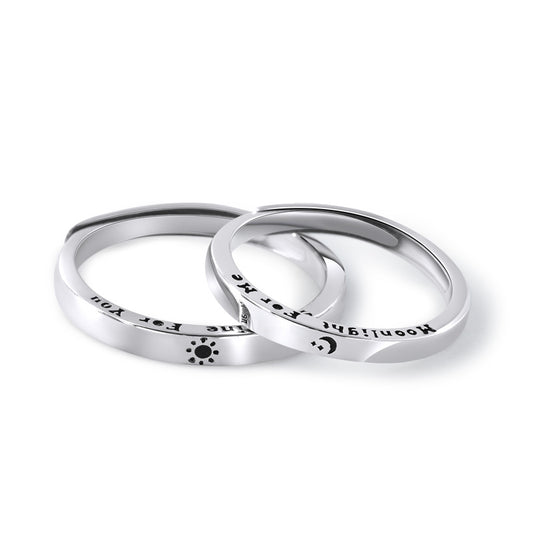 Letters with Sun and Moon Pattern Silver Couple Ring for Women