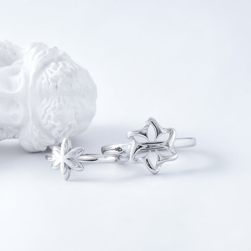 Hollow Flower Silver Couple Ring for Women