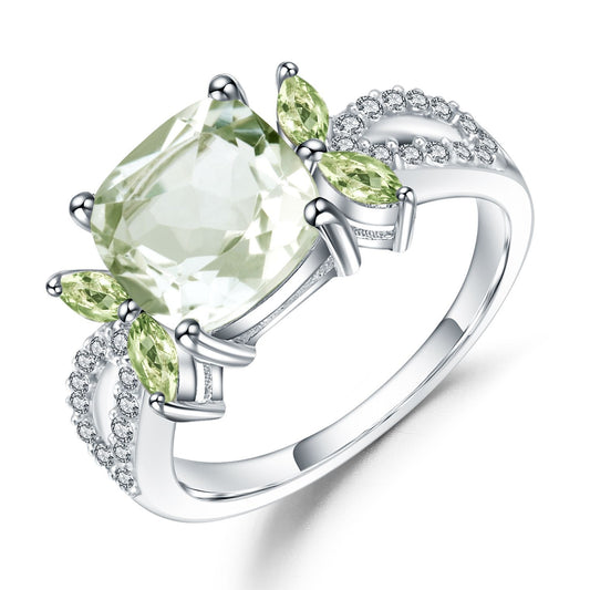 Luxury Fashion Natural Green Amethyst S925 Silver Ring for Women