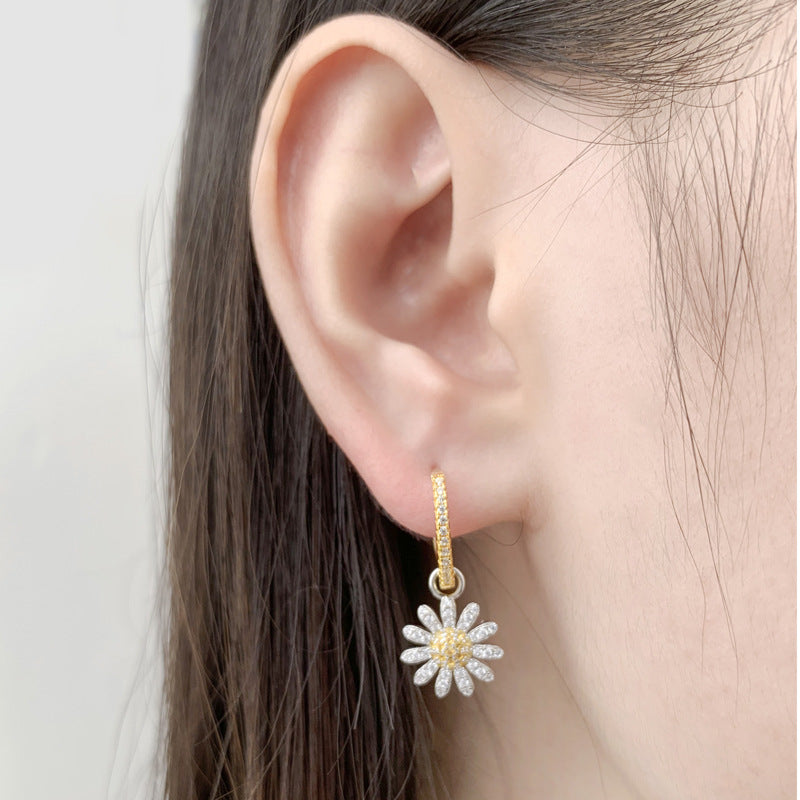 Zircon Flower Asymmetric Silver Hoop Earrings for Women