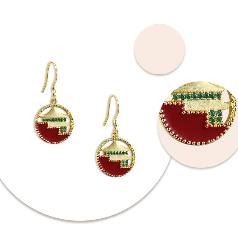 The Palace Museum with Green Zircon Circle Silver Drop Earrings for Women