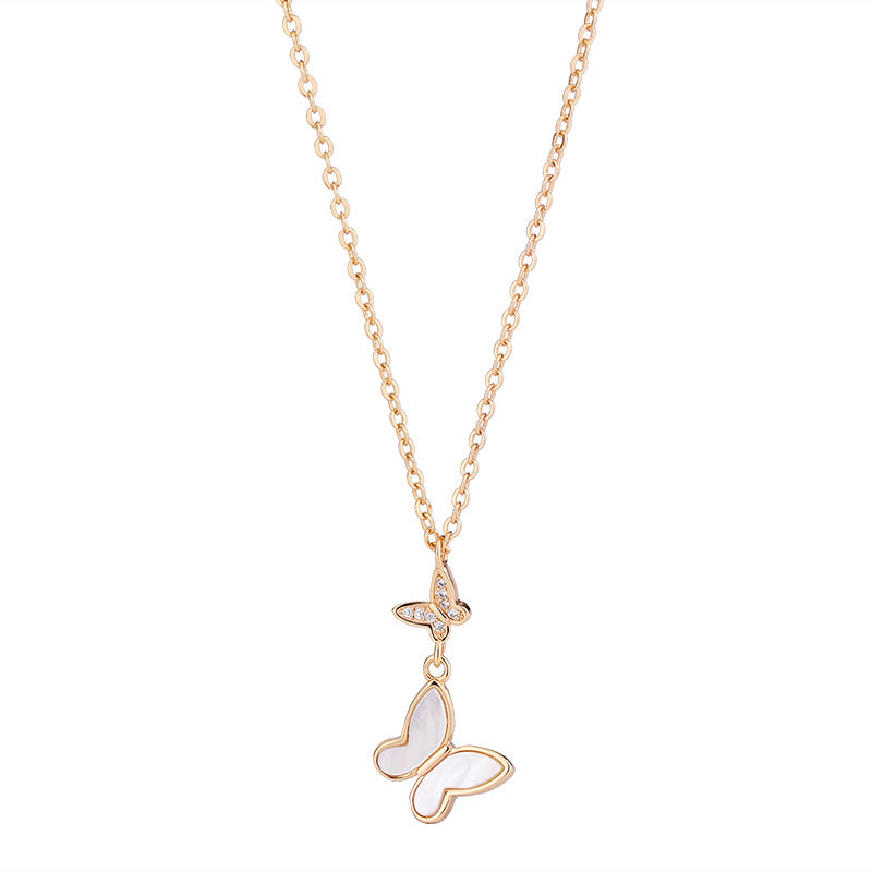 Mother of Pearl Double Butterflies Pendant Silver Necklace for Women