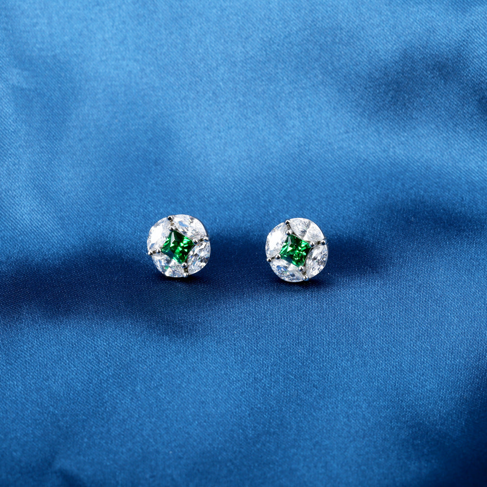 Princess Cut Green Zircon with Marquise Zircon Silver Studs Earrings for Women