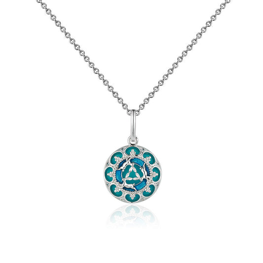 Lotus Pattern Series Green Turquoise Enamel Circle Pendant Silver Necklace for Women