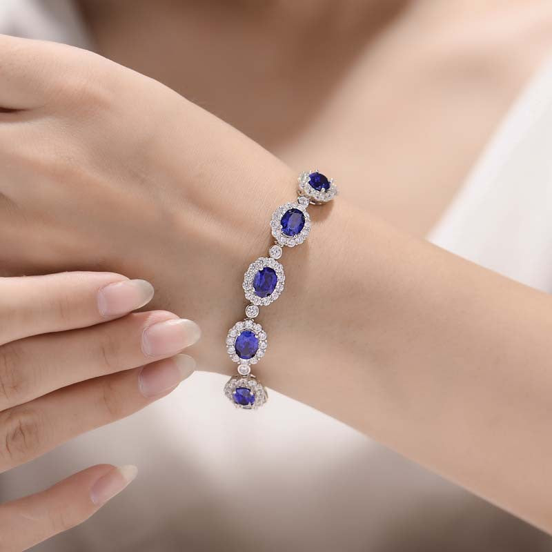 Lab-Created Sapphires 6*8mm Oval Ice Cut Soleste Halo Beading Silver Bracelet for Women