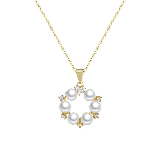 Circle Beading Pearl Pendant Silver Necklace for Women