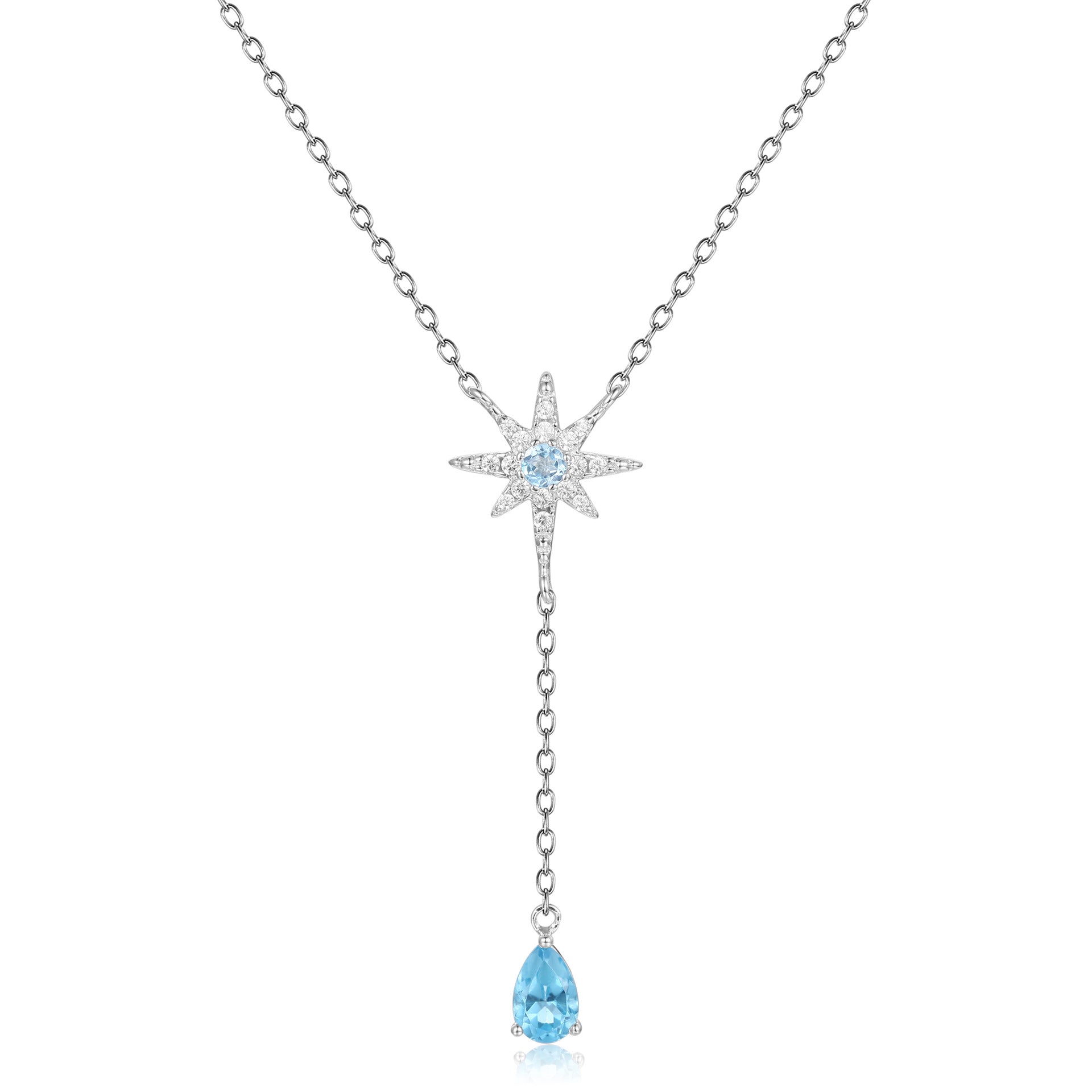 French Romantic Luxury Creative Design Inlaid Natural Topaz Star with Pear Drop Pendant Necklace for Women